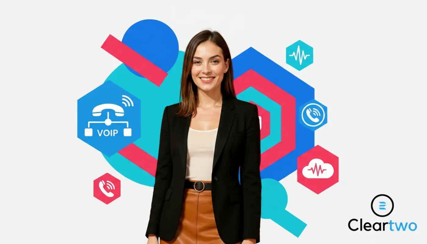 Jessica posed confidently with vibrant geometric VoIP graphics highlighting Gamma Horizon review themes.