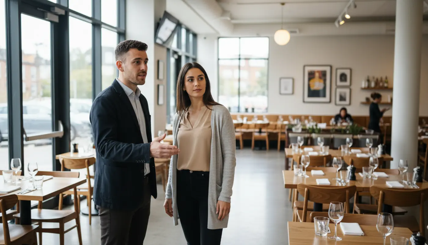Adam and Sara discussing digital signage placement inside a UK restaurant.