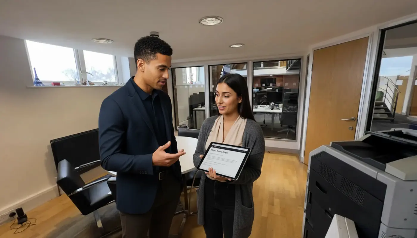 Zak and Sara discussing Shopify setup tasks inside a UK office.