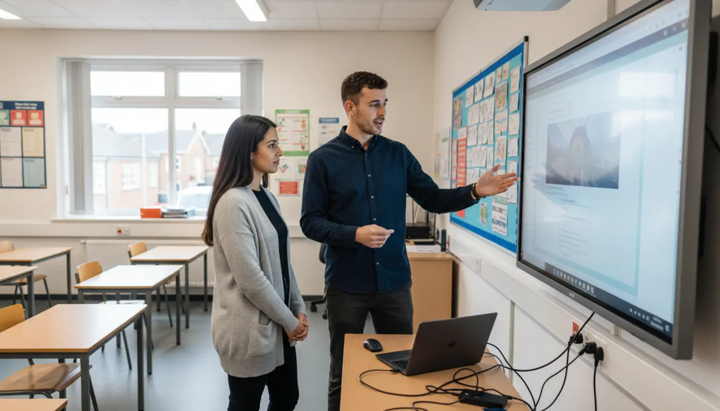 Adam and Sara discussing classroom technology inside a UK school, captured mid‑conversation.