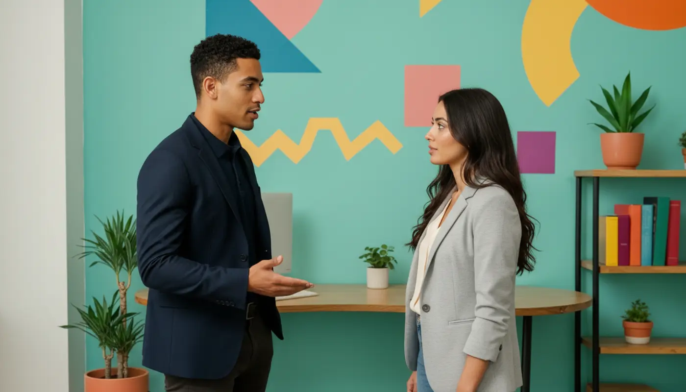 Zak and Sara discussing a Shopify store build timeline inside a UK office environment.
