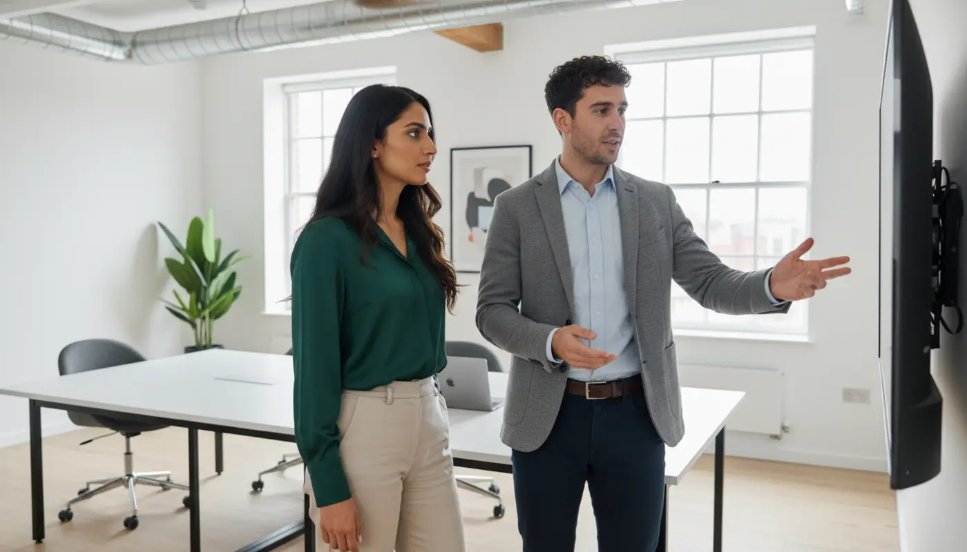 Adam and Sara discussing branding strategy inside a UK office meeting area.