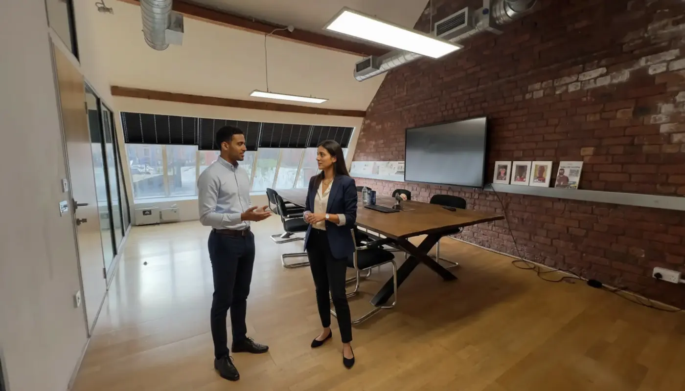 Zak and Sara discussing business inside a UK office lounge in a natural mid‑conversation moment.