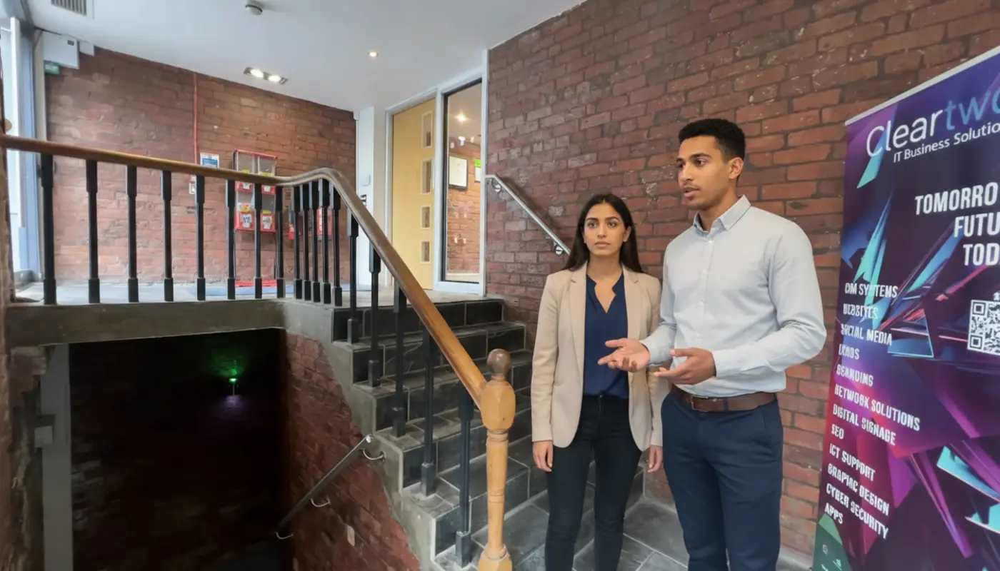 Zak and Sara collaborating in a UK office discussing website structure.