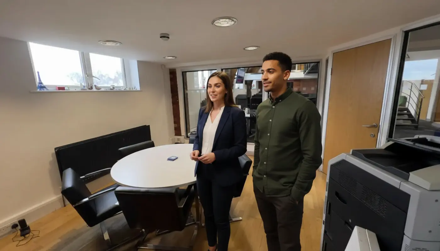 Jessica and Zak discussing marketing performance inside a UK office, mid‑conversation.