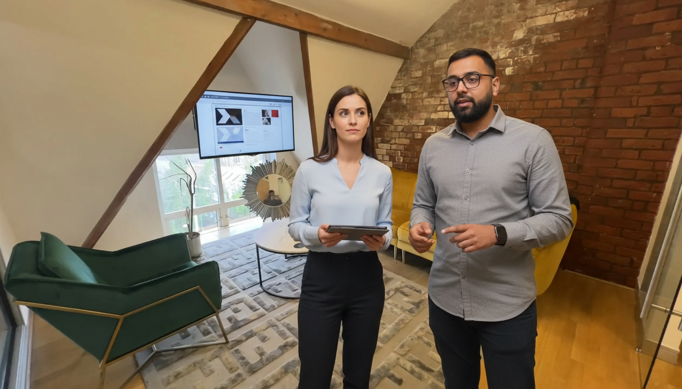 Omer and Jessica discussing AI search visibility inside a UK office.