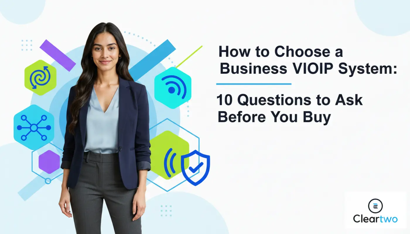 Sara posed confidently against a bright geometric VoIP‑themed background for a telecom blog hero image.
