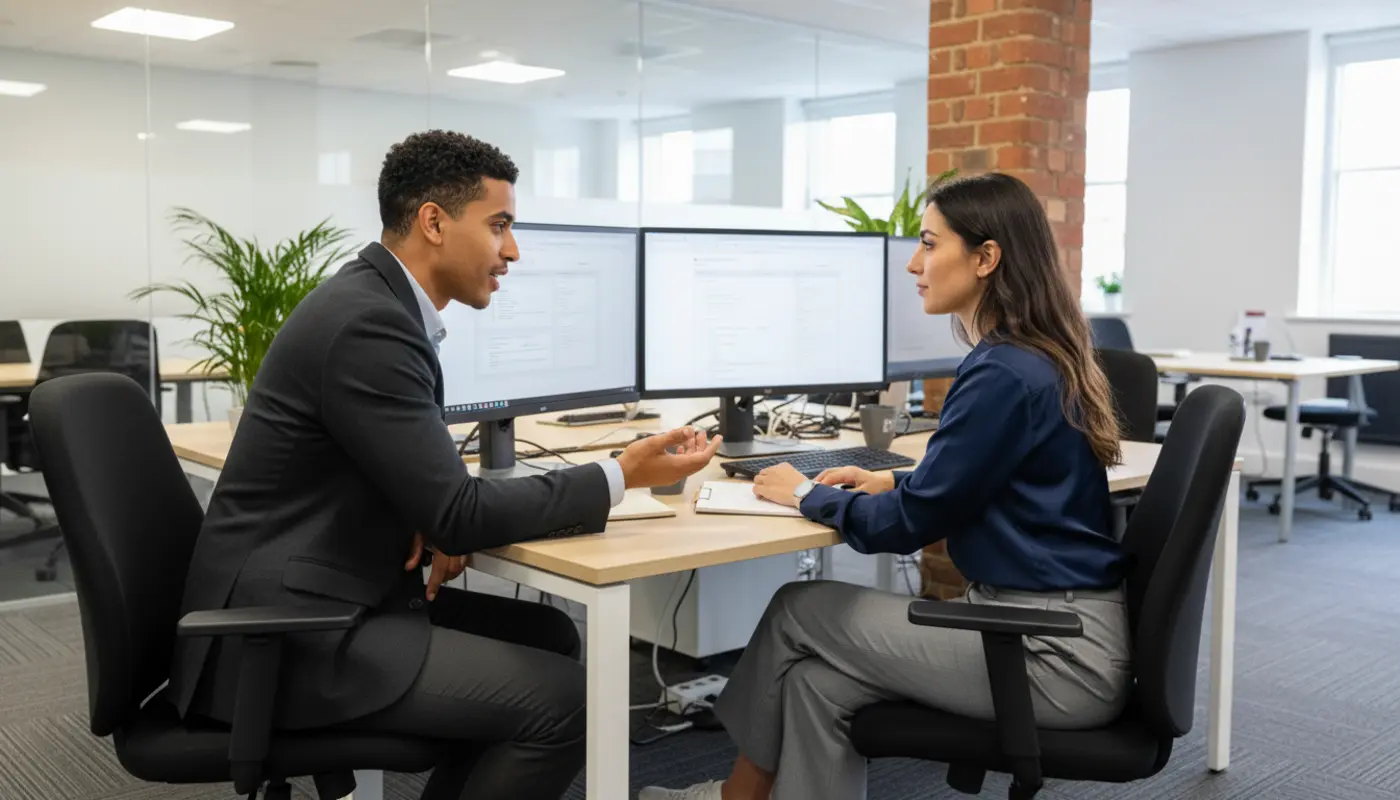 Zak and Sara discussing website updates inside a UK office environment.