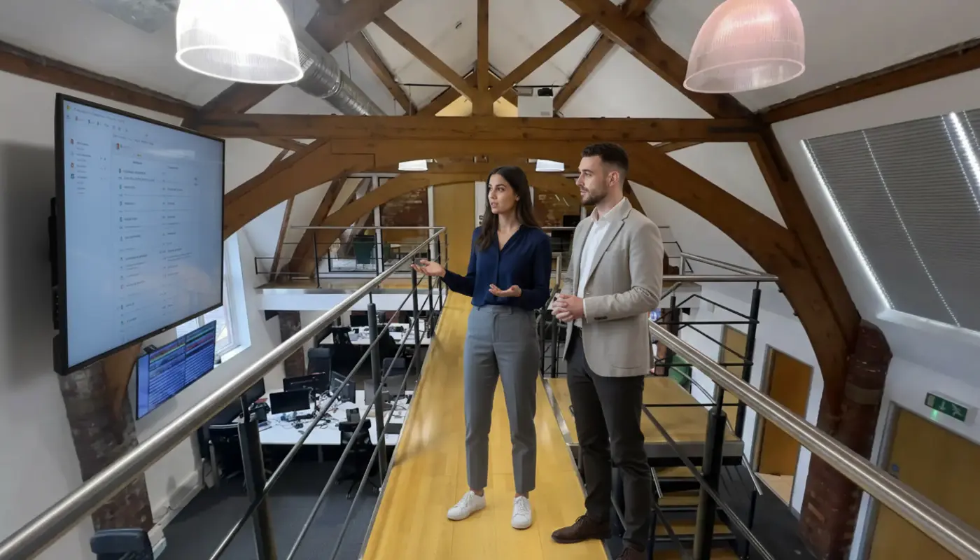 Sara and Adam discussing CRM options together in a UK office environment, mid‑conversation.
