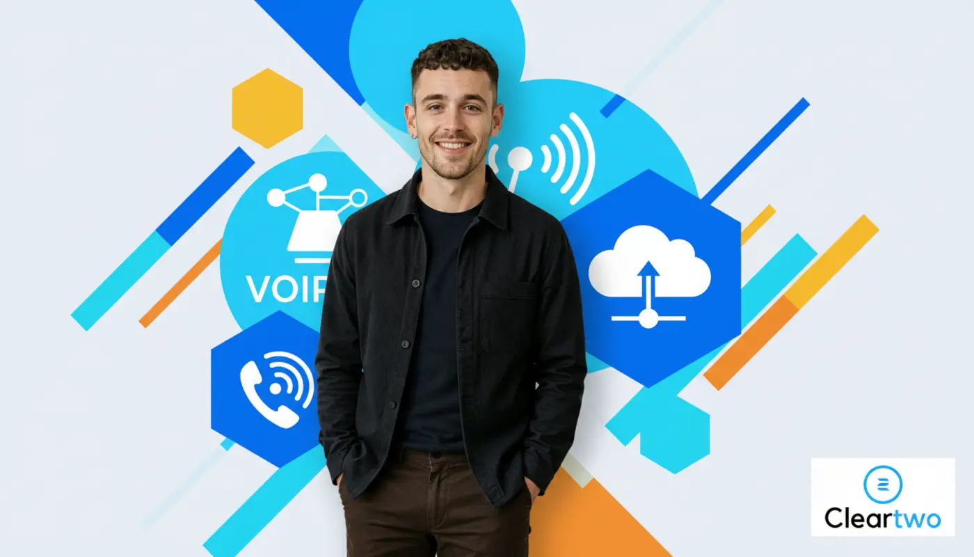 Adam standing confidently before a bright geometric VoIP‑themed backdrop symbolising migration from Mitel PBX to cloud.