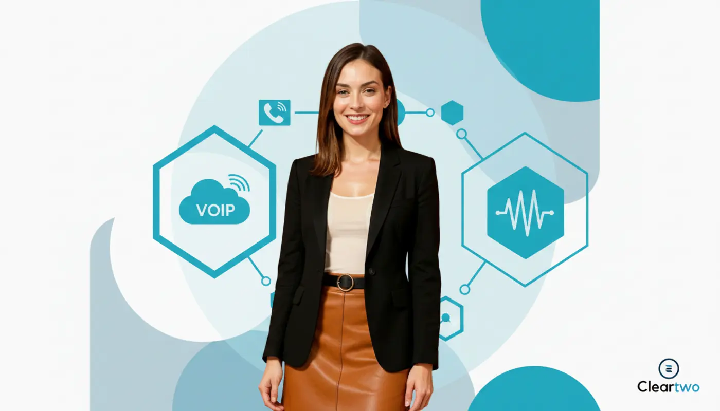 Jessica posed confidently against a bright geometric VoIP themed backdrop representing unified multi‑site phone systems.