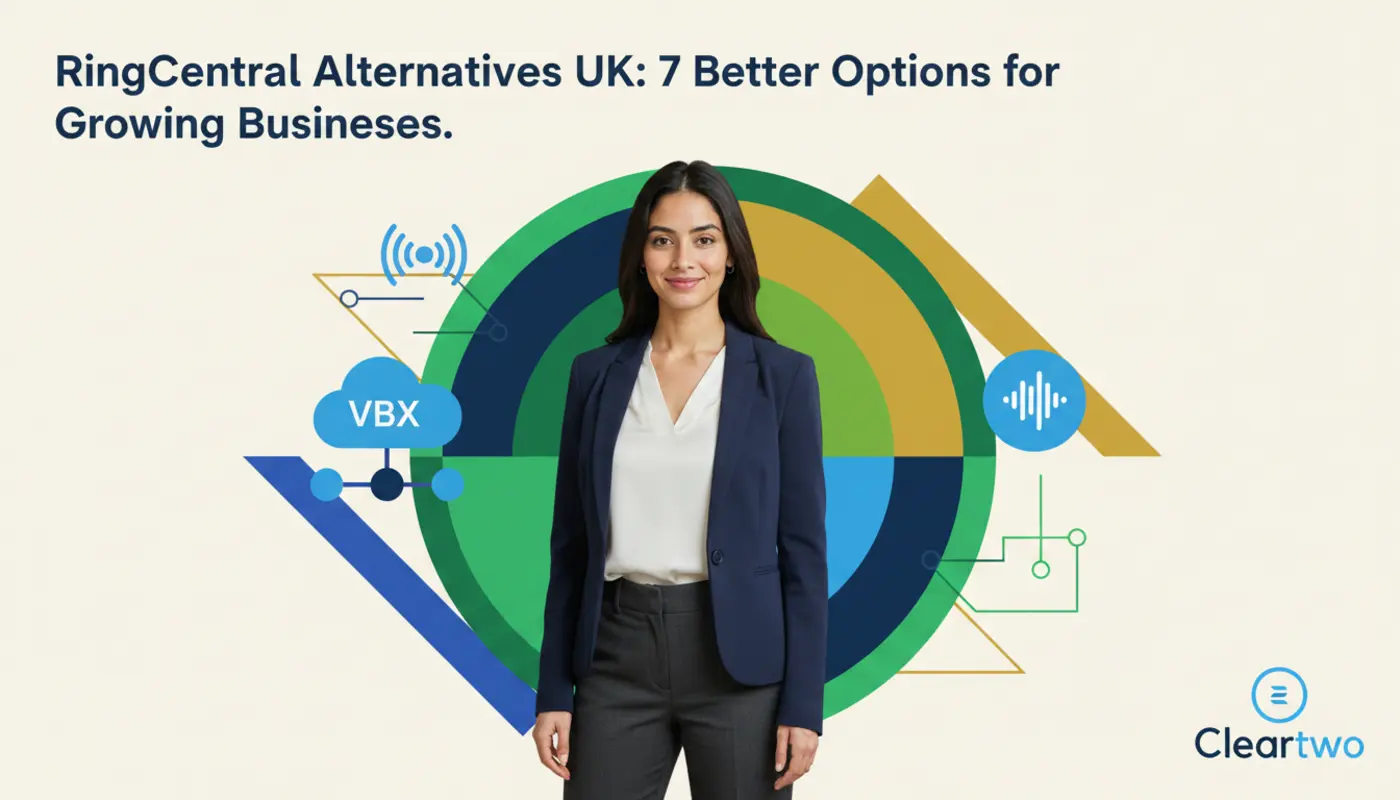 Sara posed confidently in front of bright geometric VoIP graphics representing UK alternatives to RingCentral.