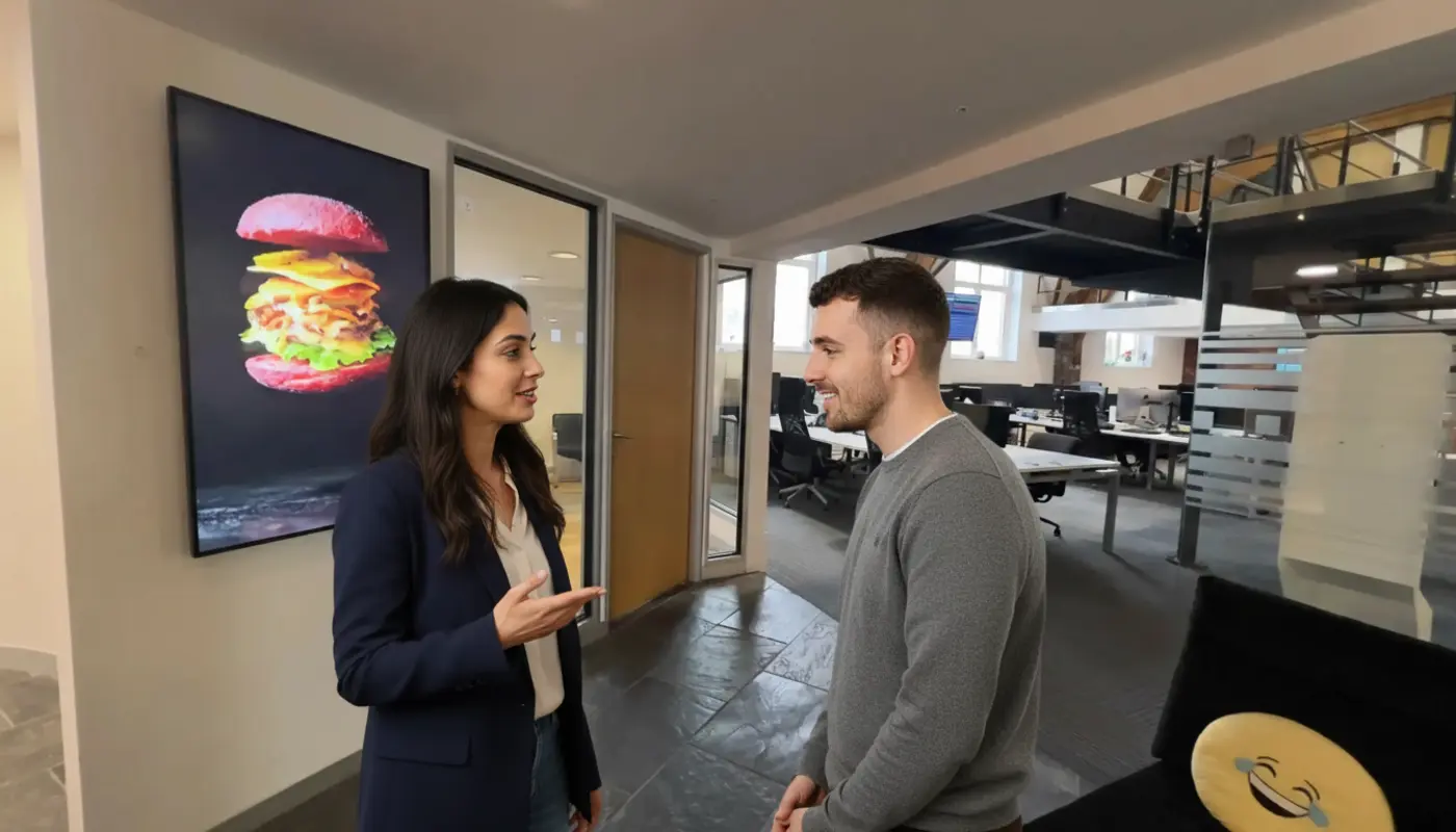 Sara and Adam discussing business valuation inside a UK office.