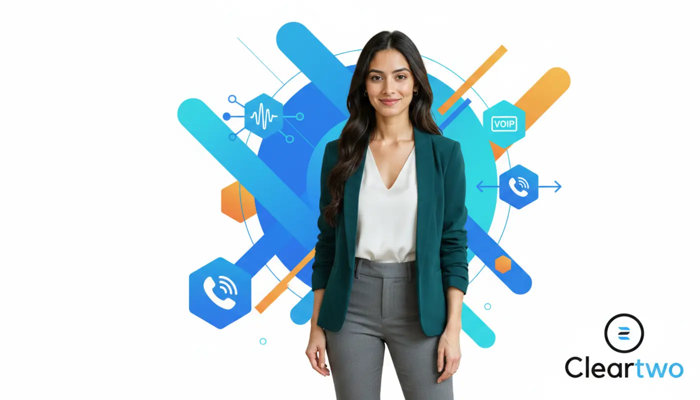 Sara posed confidently in front of bright geometric VoIP graphics illustrating a smooth phone system switch.