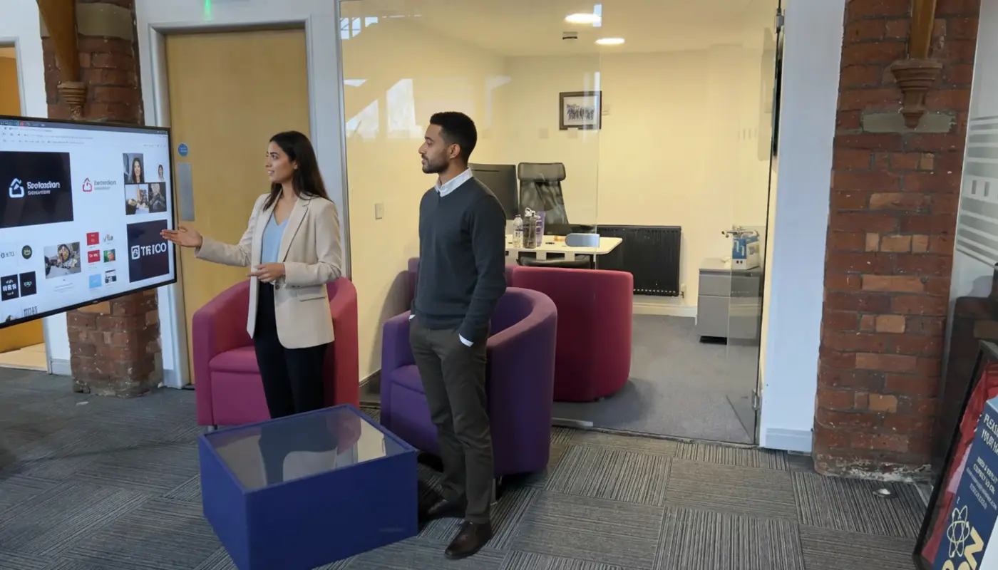 Sara and Zak discussing branding inside a UK office environment.