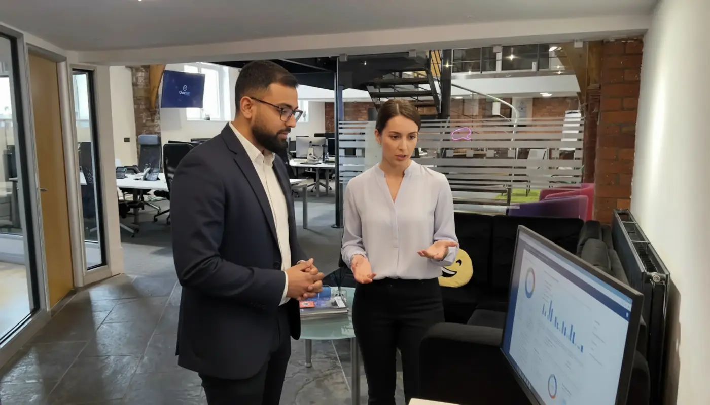 Omar and Jessica discussing AI SEO strategy inside a UK office in a natural, candid work moment.