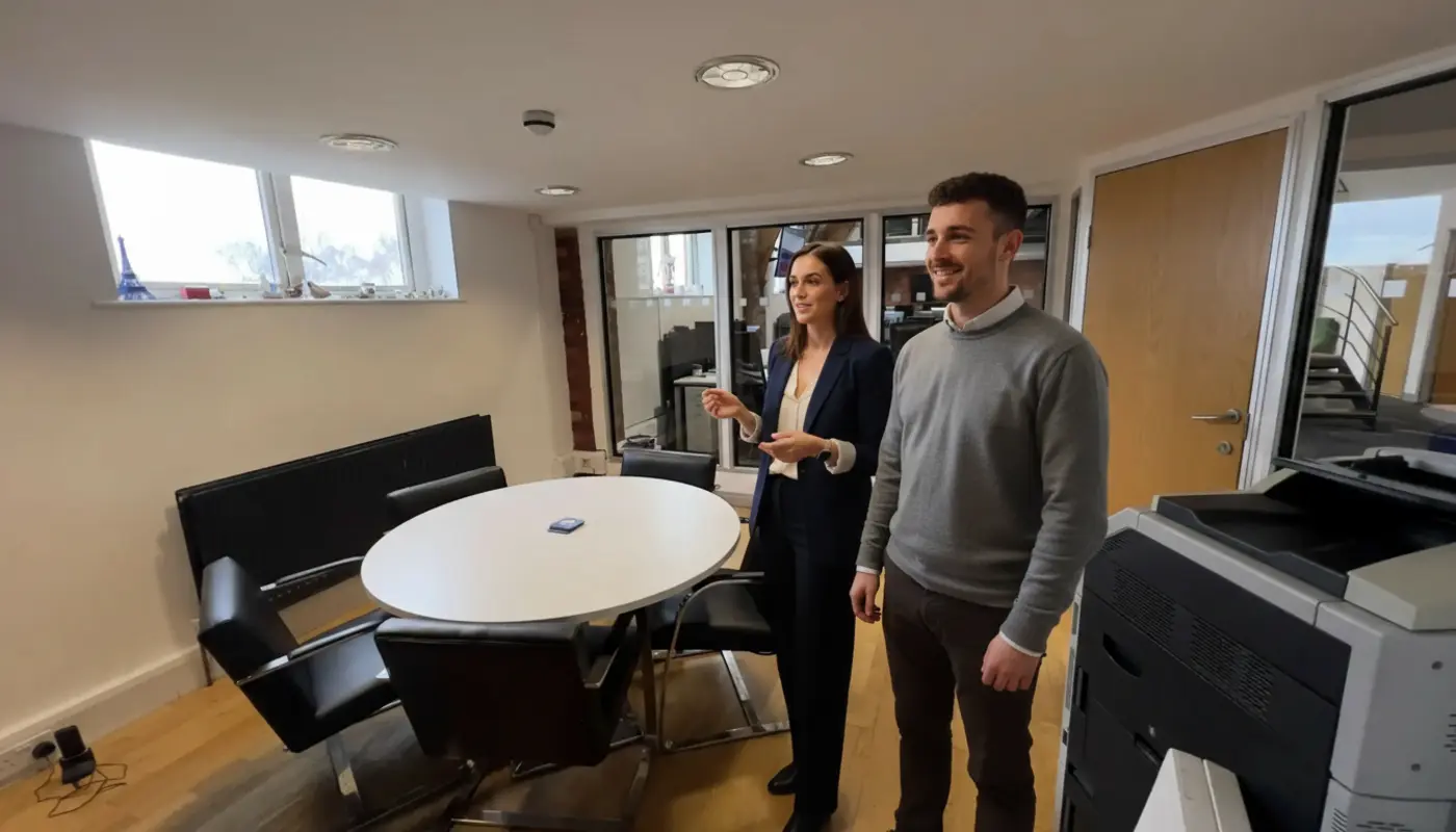 Jessica and Adam discussing autonomous IT performance inside a UK office.