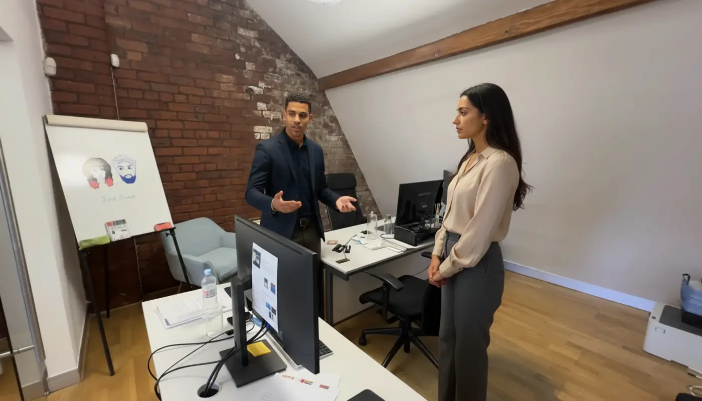 Zak and Sara discussing website design inside a UK office.