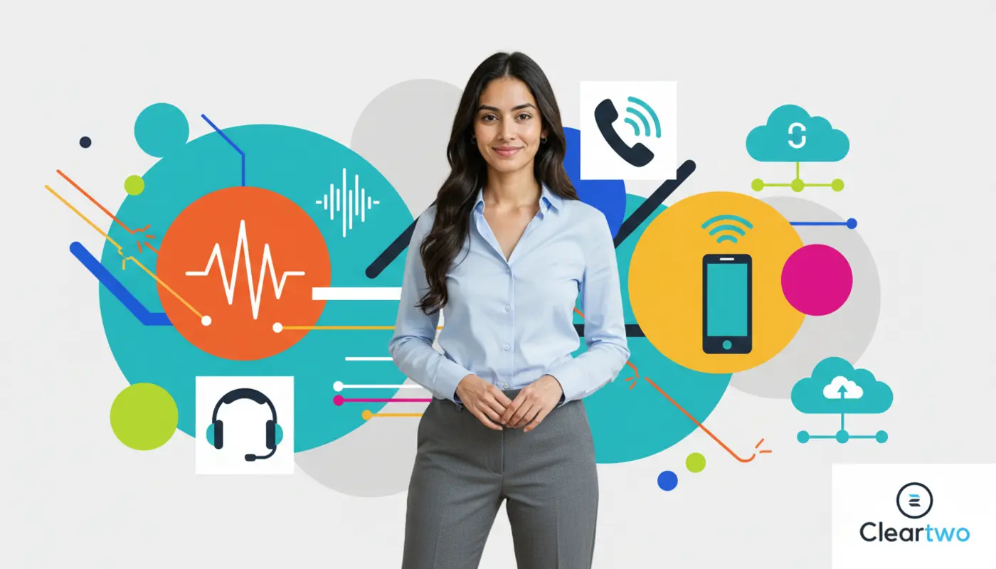 Professional hero image of Sara with bright VoIP‑themed graphics showing UK office hardware choices.