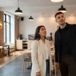 Adam and Sara discussing digital signage placement inside a UK restaurant.