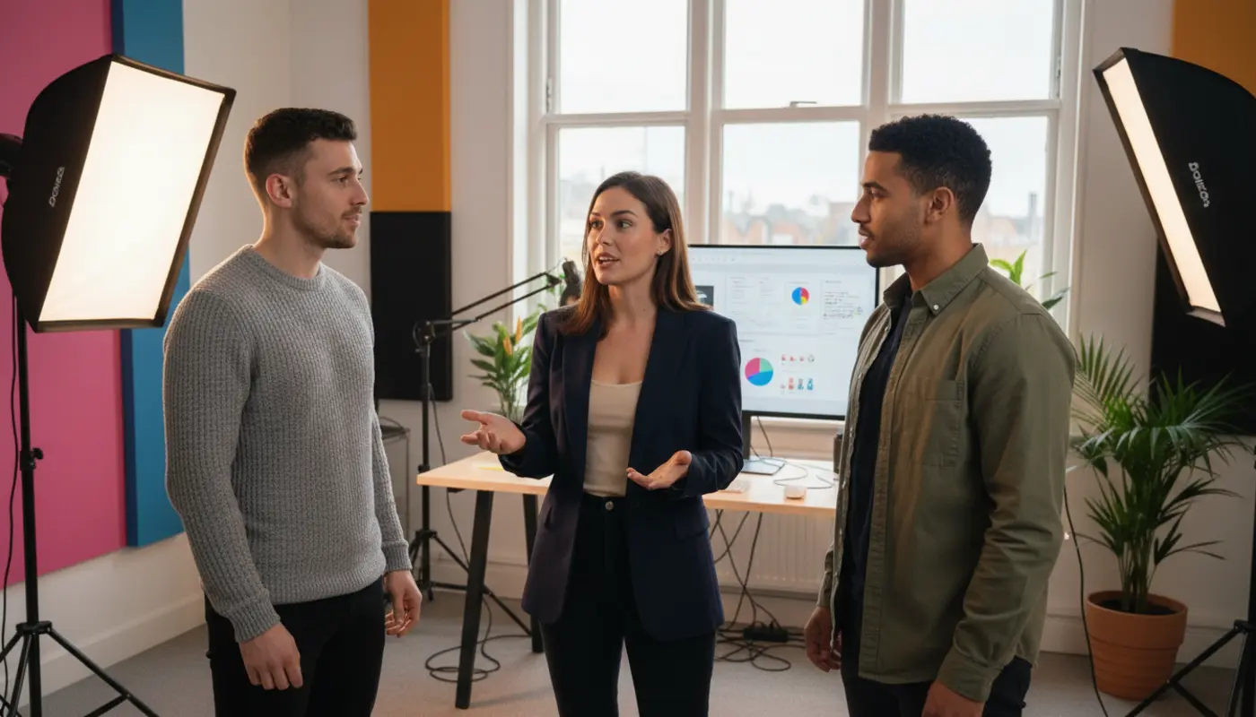 Jessica, Adam, and Zak discussing TikTok content strategy inside a UK creator studio.