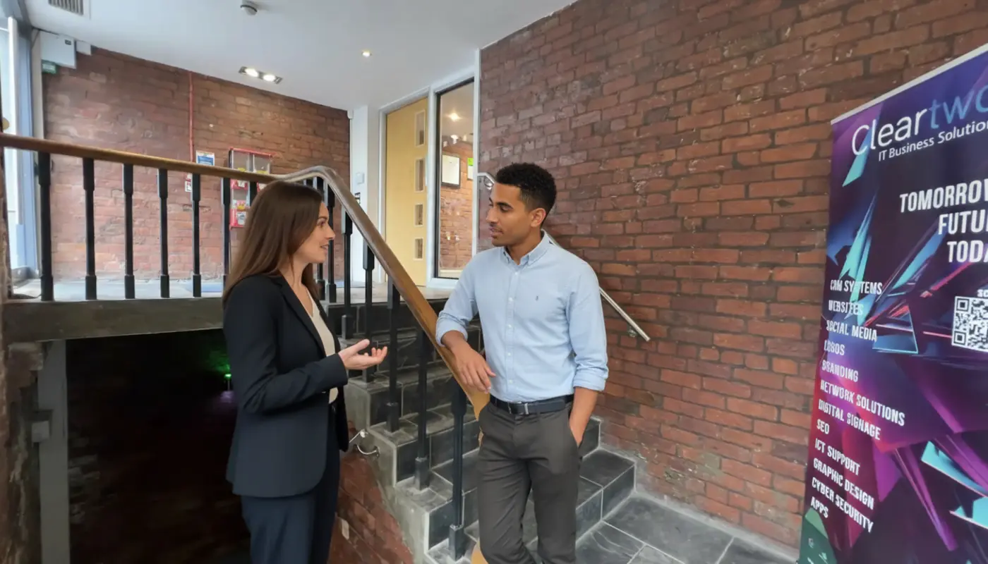 Jessica and Zak discussing advanced AI strategy inside a UK office, captured mid‑collaboration.
