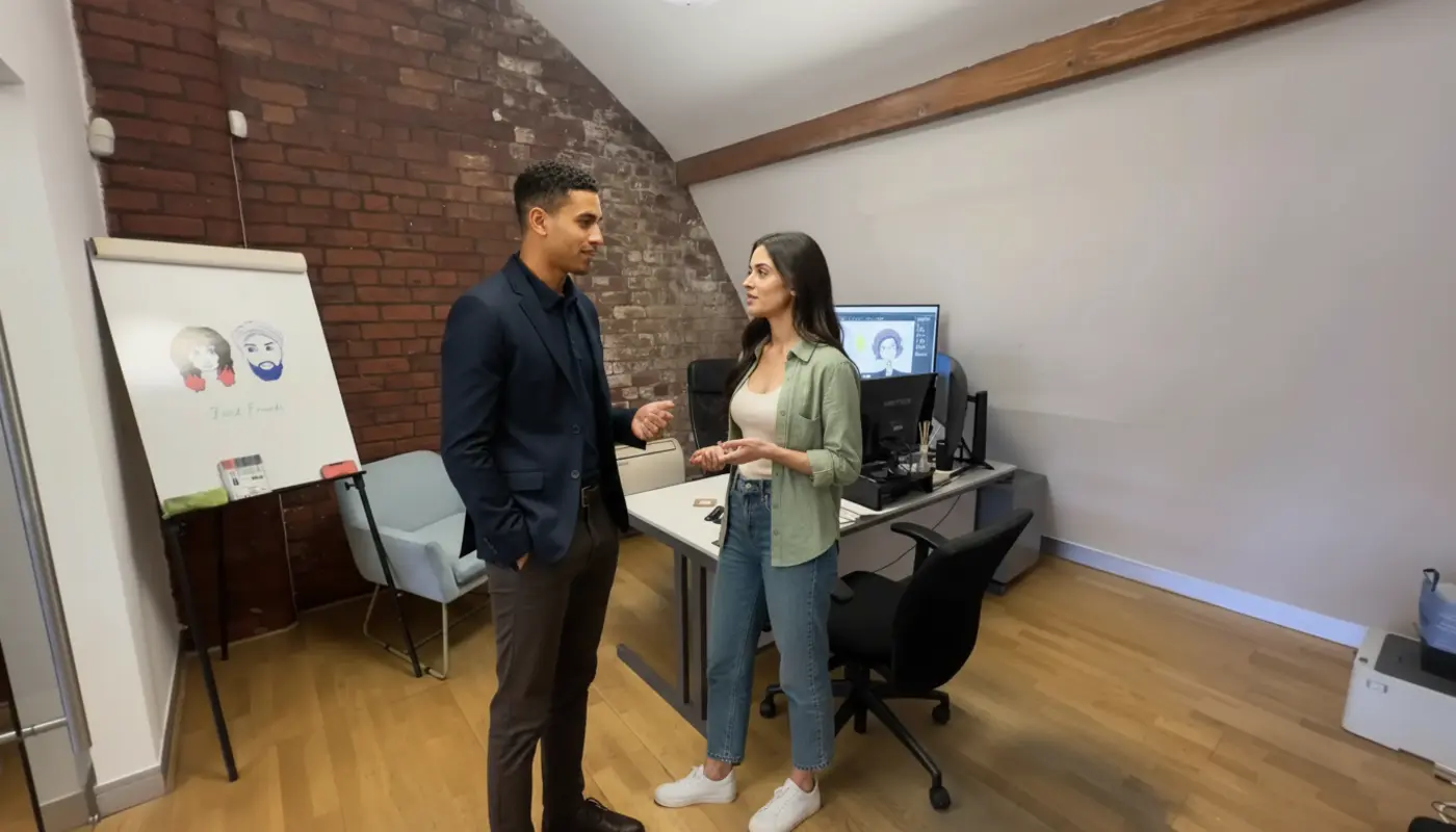 Zak and Sara collaborating in a UK motion design studio, discussing animation work.