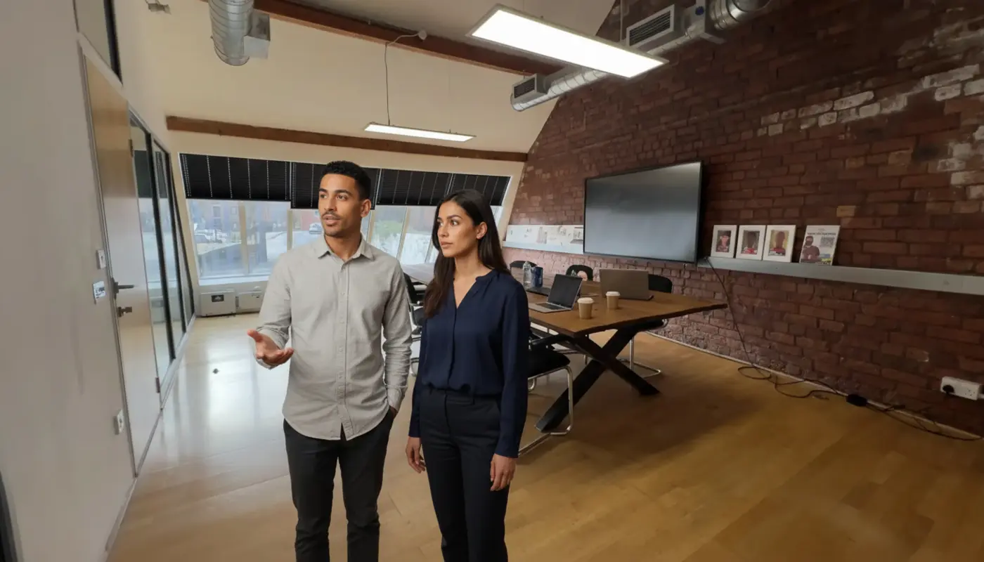 Zak and Sara discussing Instagram ad strategy inside a UK creator studio.