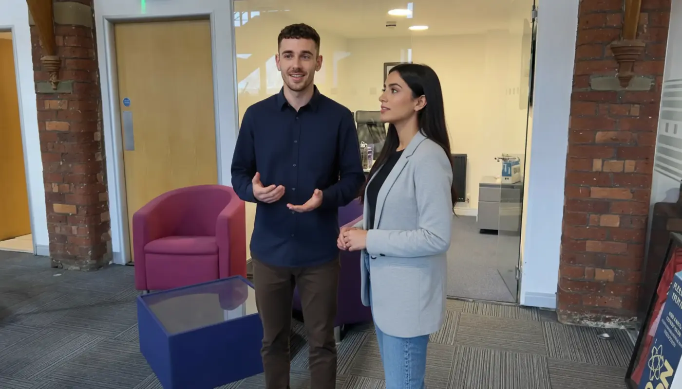 Adam and Sara discussing IT automation work inside a UK office.
