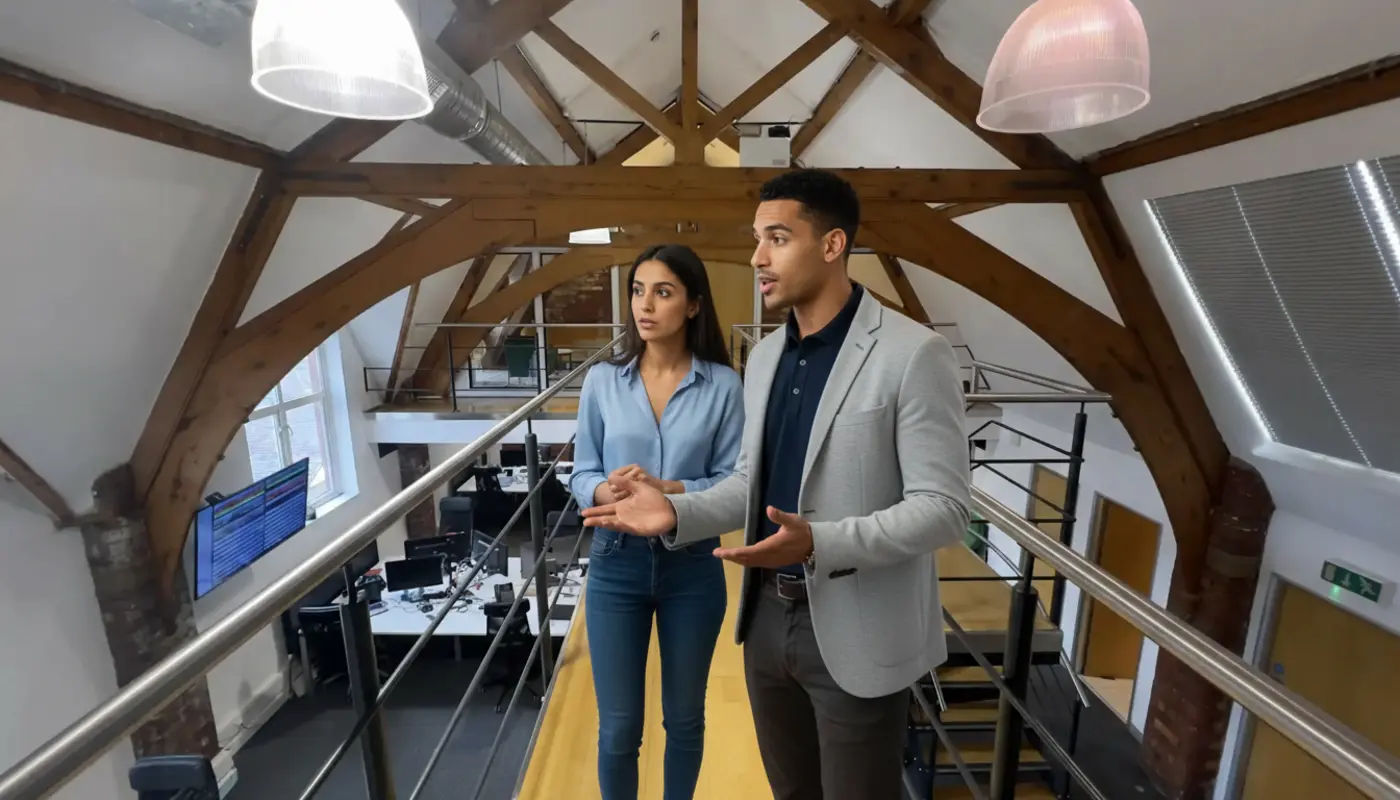 Zak and Sara discussing brand identity work inside a UK office, mid-collaboration.