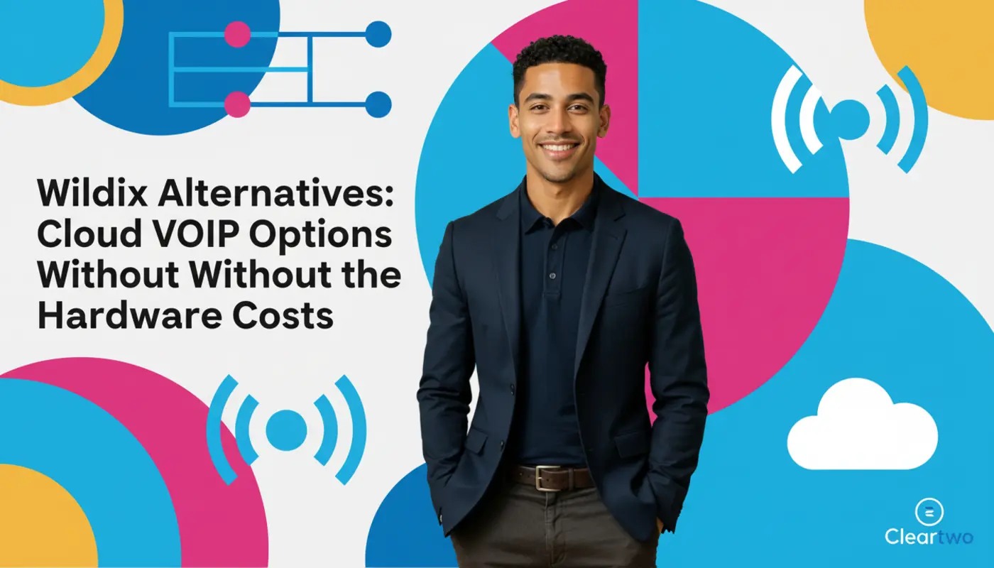 Zak posed against a colourful geometric VoIP‑themed backdrop representing cloud telephony and hardware‑free flexibility.