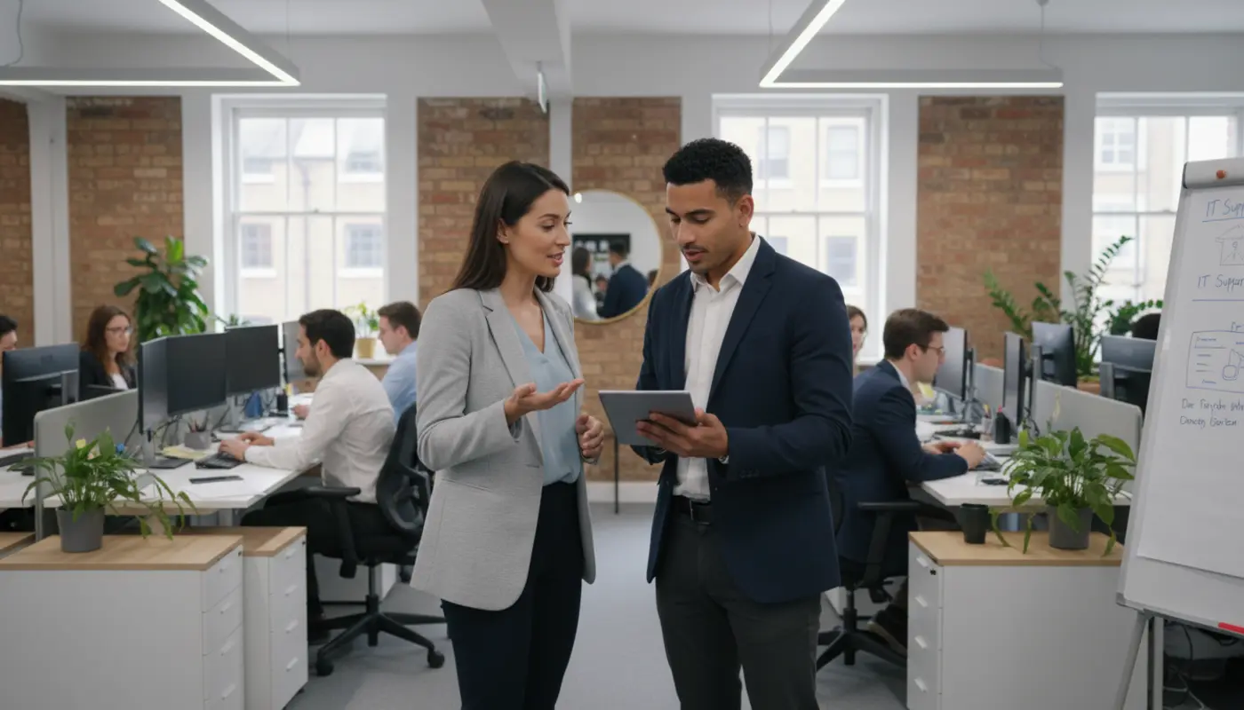 Jessica and Zak discussing IT support needs inside a UK office, mid-conversation.