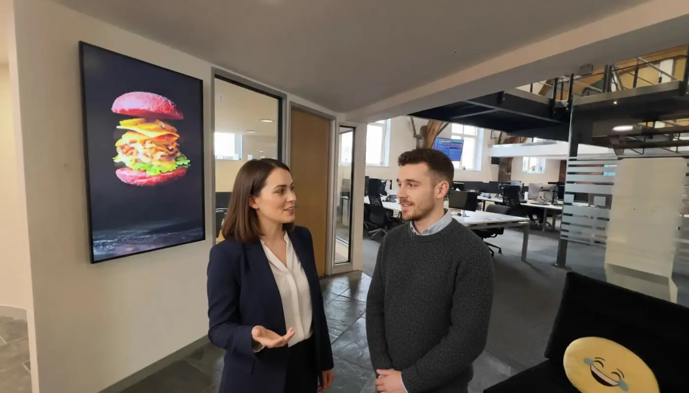 Jessica and Adam discussing Google Ads strategy inside a UK office.