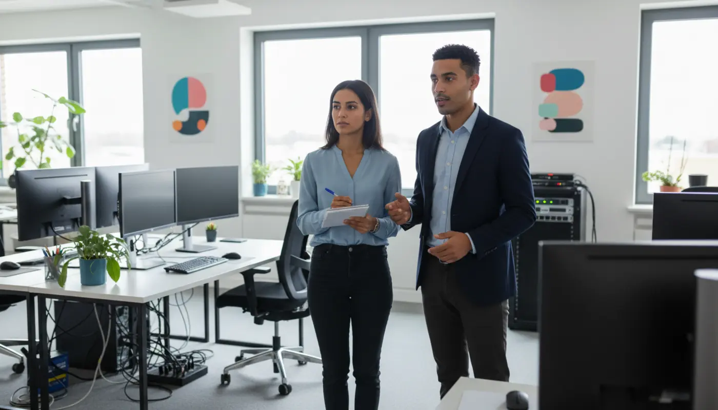 Zak and Sara discussing IT support tasks inside a UK office, captured mid-discussion.