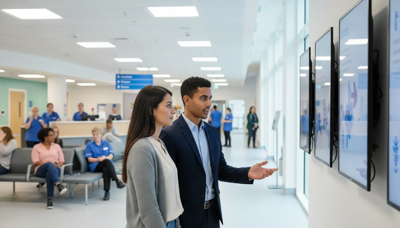 Zak and Sara discussing wayfinding signage placement inside a UK hospital reception area.