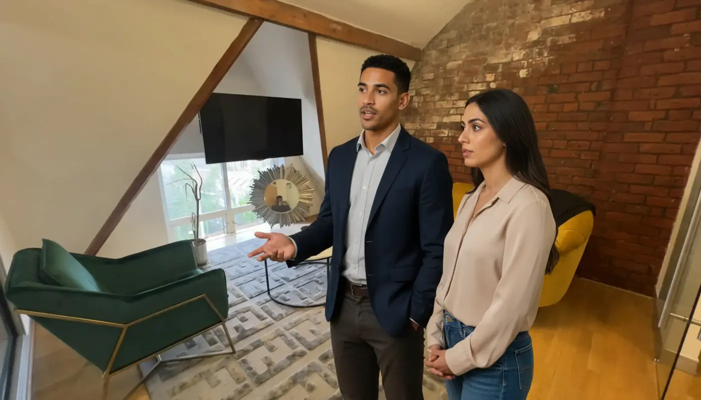 Zak and Sara discussing work inside a UK office, captured mid-conversation.