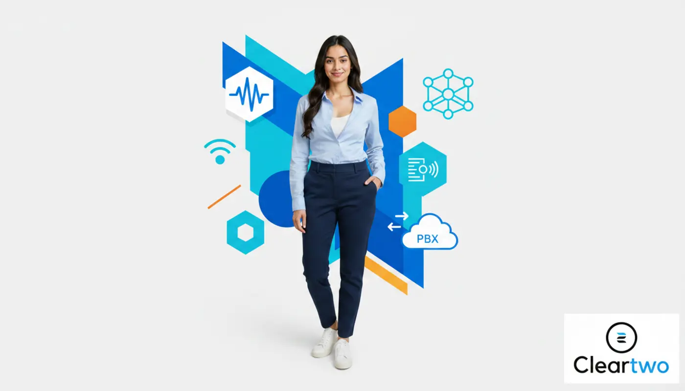 Business portrait of Sara against a bright geometric VoIP themed background representing digital voice data.