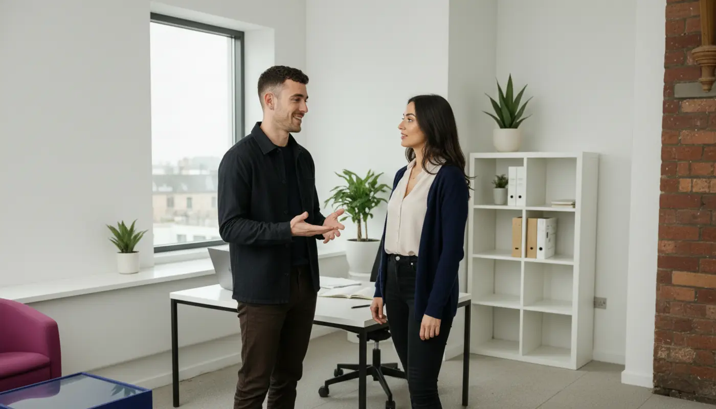 Adam and Sara collaborating in a UK creator workspace discussing Facebook ad strategy.