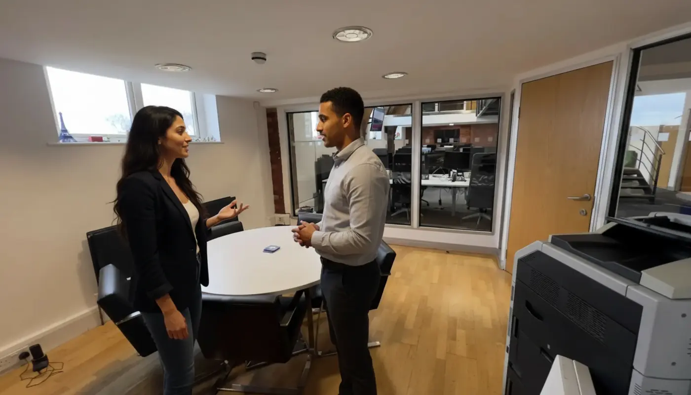Sara and Zak discussing backlink strategy inside a UK office, mid‑conversation.