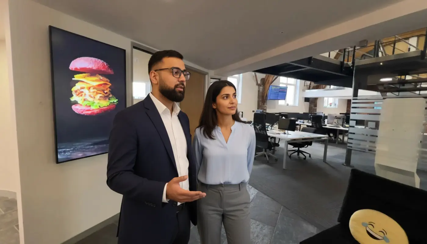 Omer and Sara discussing AdSense payment workflow inside a UK office.
