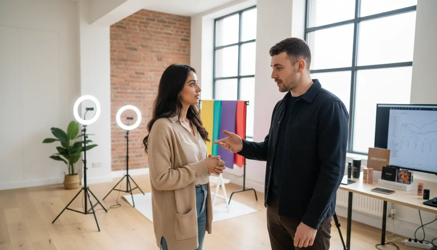 Sara and Adam discussing setup inside a UK creator studio for TikTok Shop.