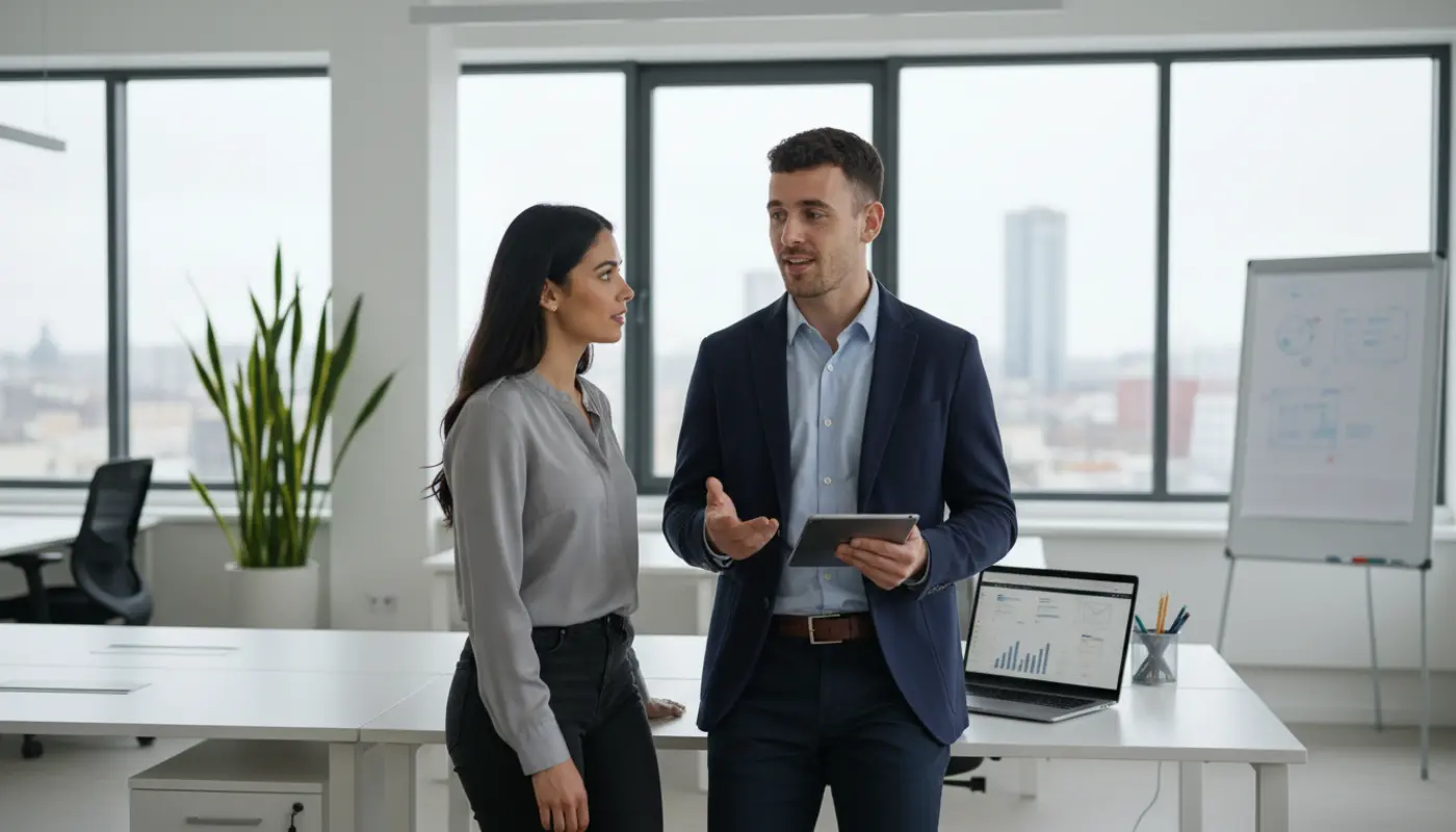 Adam and Sara discussing email marketing workflow inside a UK office environment.