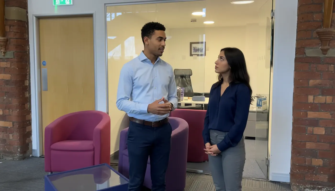 Zak and Sara discussing predictive AI inside a UK office, captured mid-discussion.