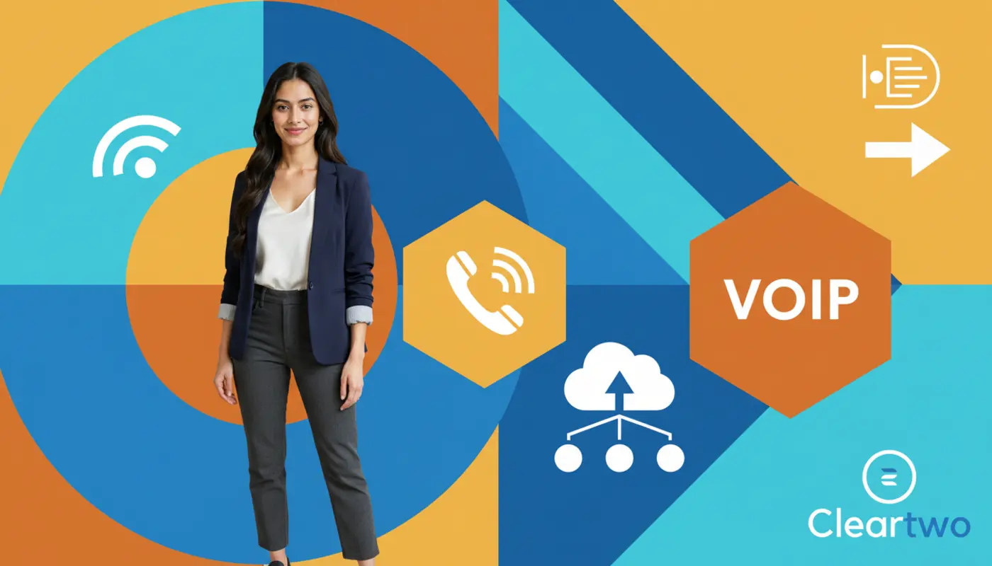 Professional portrait of Sara against a bold geometric VoIP themed background for a telecom blog.