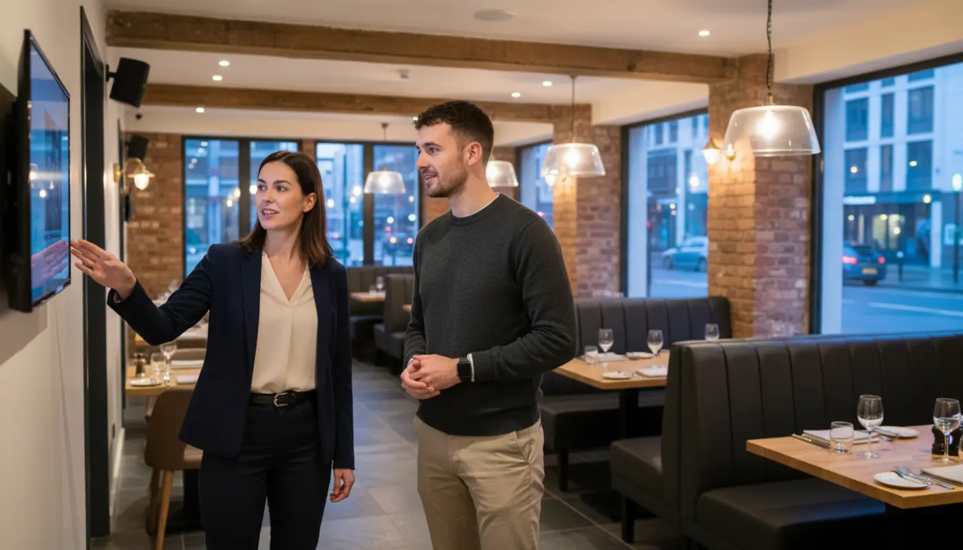 Jessica and Adam discussing digital signage placement inside a UK restaurant.