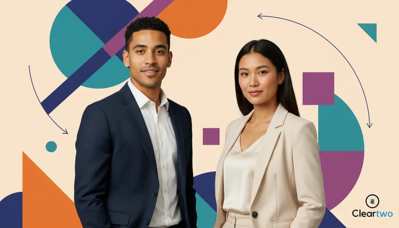 Zak and Jessica stand confidently against a geometric editorial backdrop symbolising a smooth UK agency sale before relocating abroad.