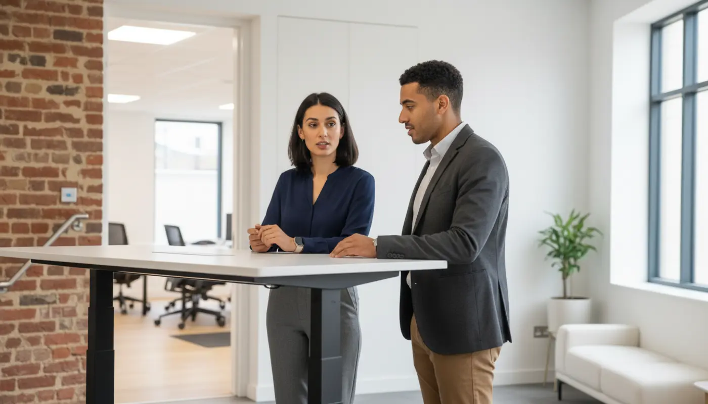Sara and Zak discussing Outlook settings inside a UK office, mid-conversation.