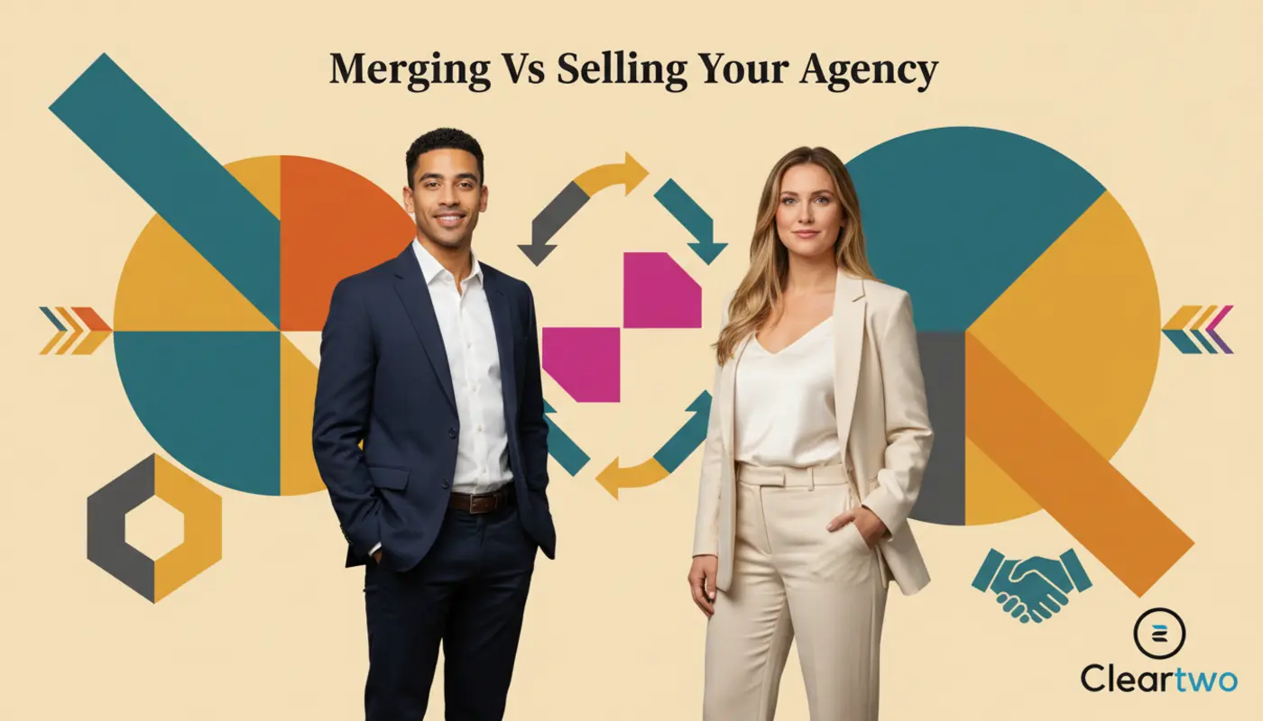 Zak and Jessica posed confidently in front of a premium geometric editorial background symbolising agency merger versus sale decisions.