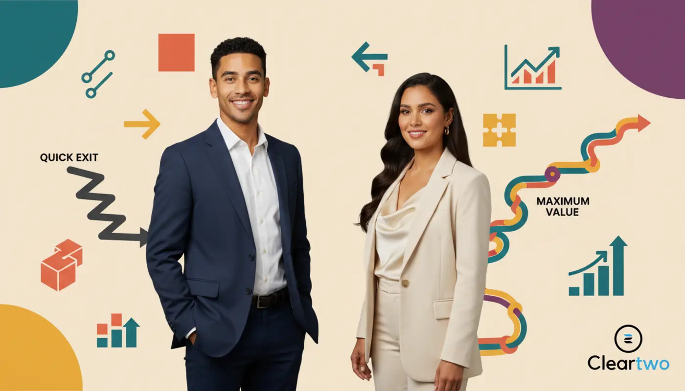 Zak and Jessica standing confidently against a geometric editorial backdrop symbolising quick exits versus maximum value in UK agency sales.