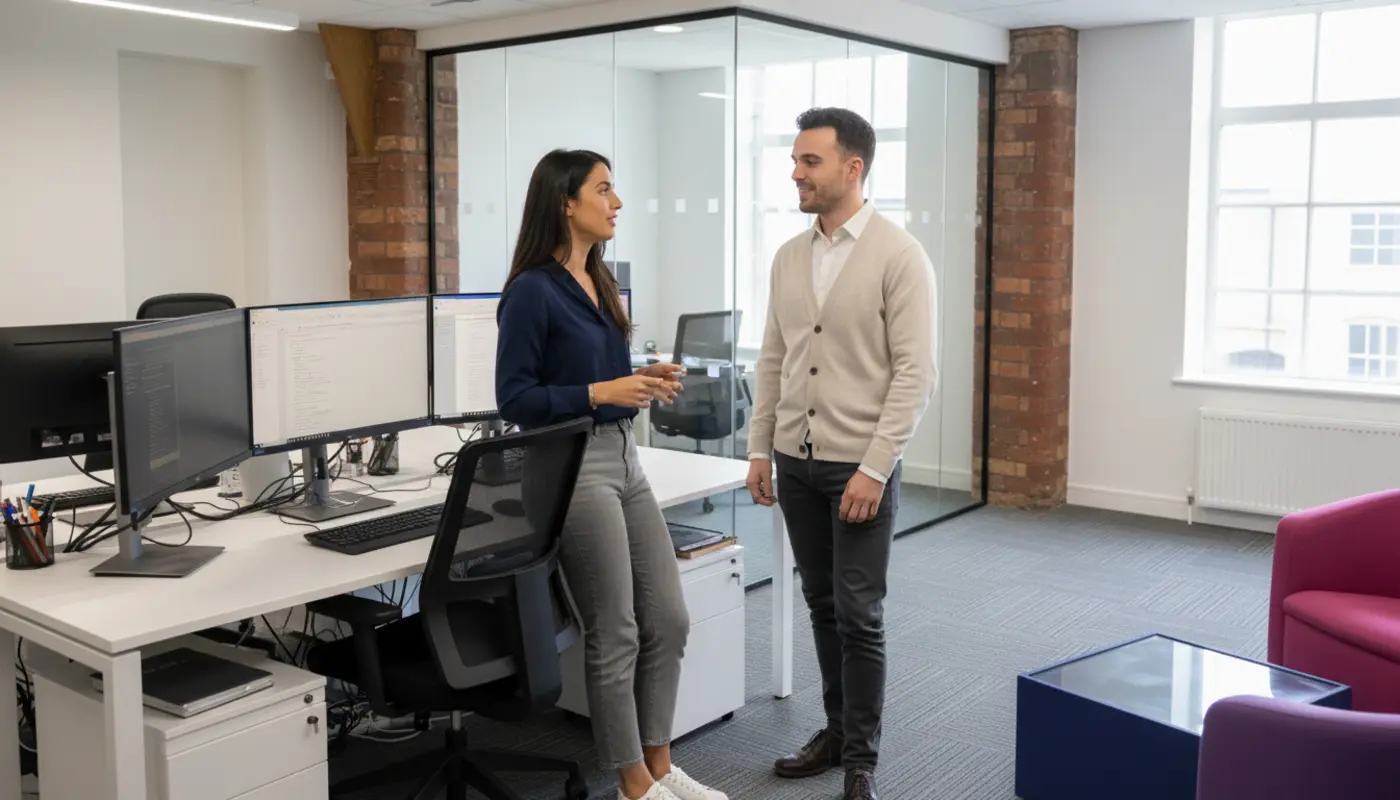 Sara and Adam collaborating in a UK tech workspace, mid-discussion, natural and realistic.